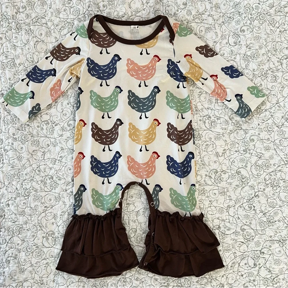 Chicken Print Baby’s 12-18 mo Bodysuit Ruffles Colorful Super Cute 100% Cotton